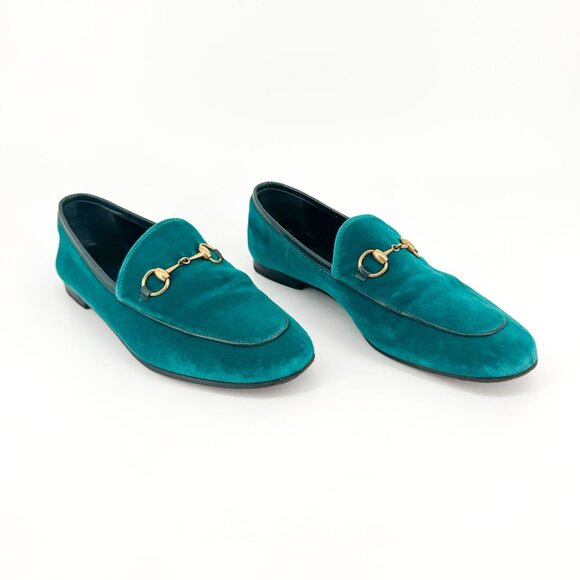 Gucci Jordaan Horsebit Loafer EU 37 US 7 Teal Velvet Flat Buckle Shoe Green Blue - Picture 1 of 12